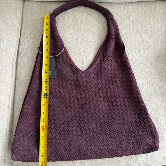 Woven Suede Leather Slouchy Hobo Shoulder Bag, Burgundy Red Purple - Picture 14 of 15